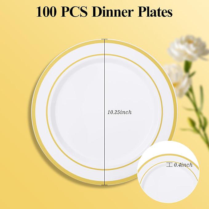Gold Rim Plastic Plates, 100 Pcs: Heavy Duty Disposable Dinnerware