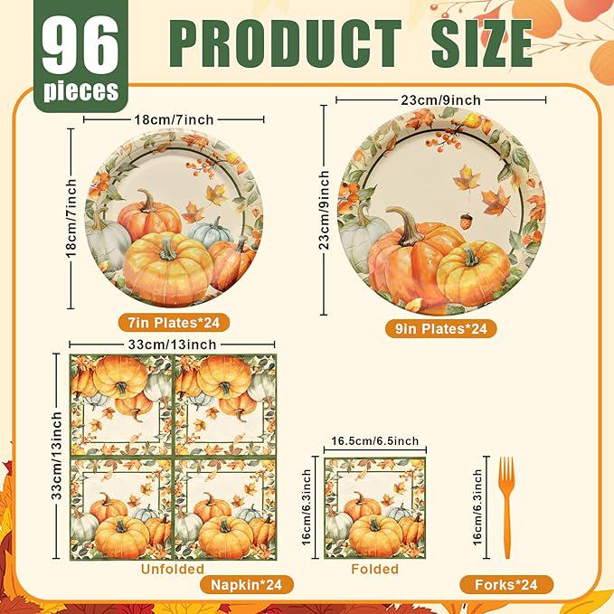 Pumpkin Thanksgiving Tableware Set: Disposable Plates, Napkins, Forks - 24 Guests