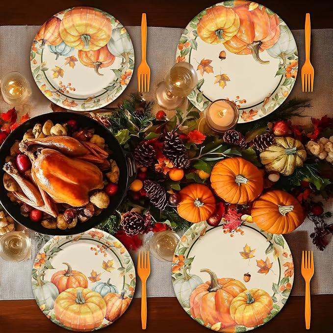 Pumpkin Thanksgiving Tableware Set: Disposable Plates, Napkins, Forks - 24 Guests