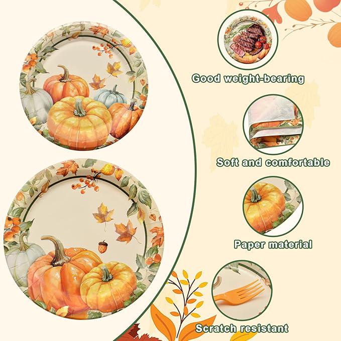 Pumpkin Thanksgiving Tableware Set: Disposable Plates, Napkins, Forks - 24 Guests