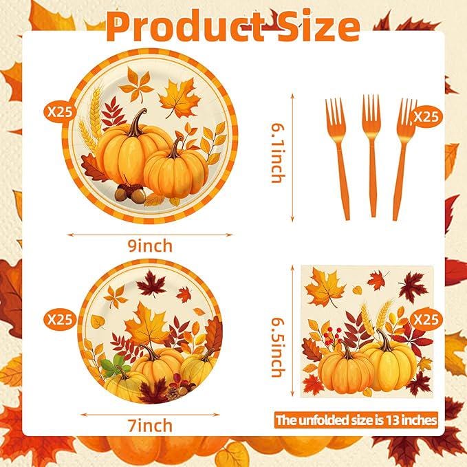 Fall Pumpkin Tableware Set: Disposable Plates, Napkins, Forks - 25 Guests