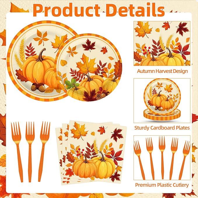 Fall Pumpkin Tableware Set: Disposable Plates, Napkins, Forks - 25 Guests
