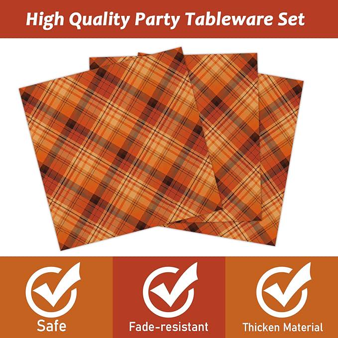 Orange Plaid Thanksgiving Party Set: Disposable Plates, Napkins, Forks - 24 Guests