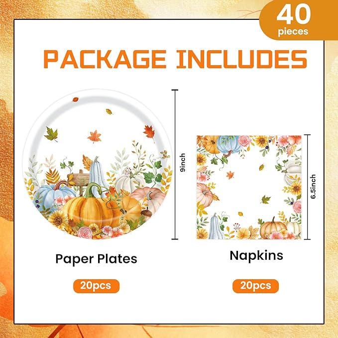 Fall Paper Plates and Napkins Set 40 Pcs Disposable Pumpkin Dinnerware for Autumn Party
