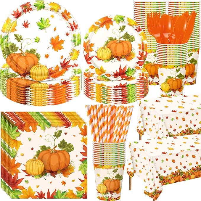 Fall Thanksgiving Party Supplies 452 Pcs Pumpkin Plates Napkins Cups Cutlery for 50