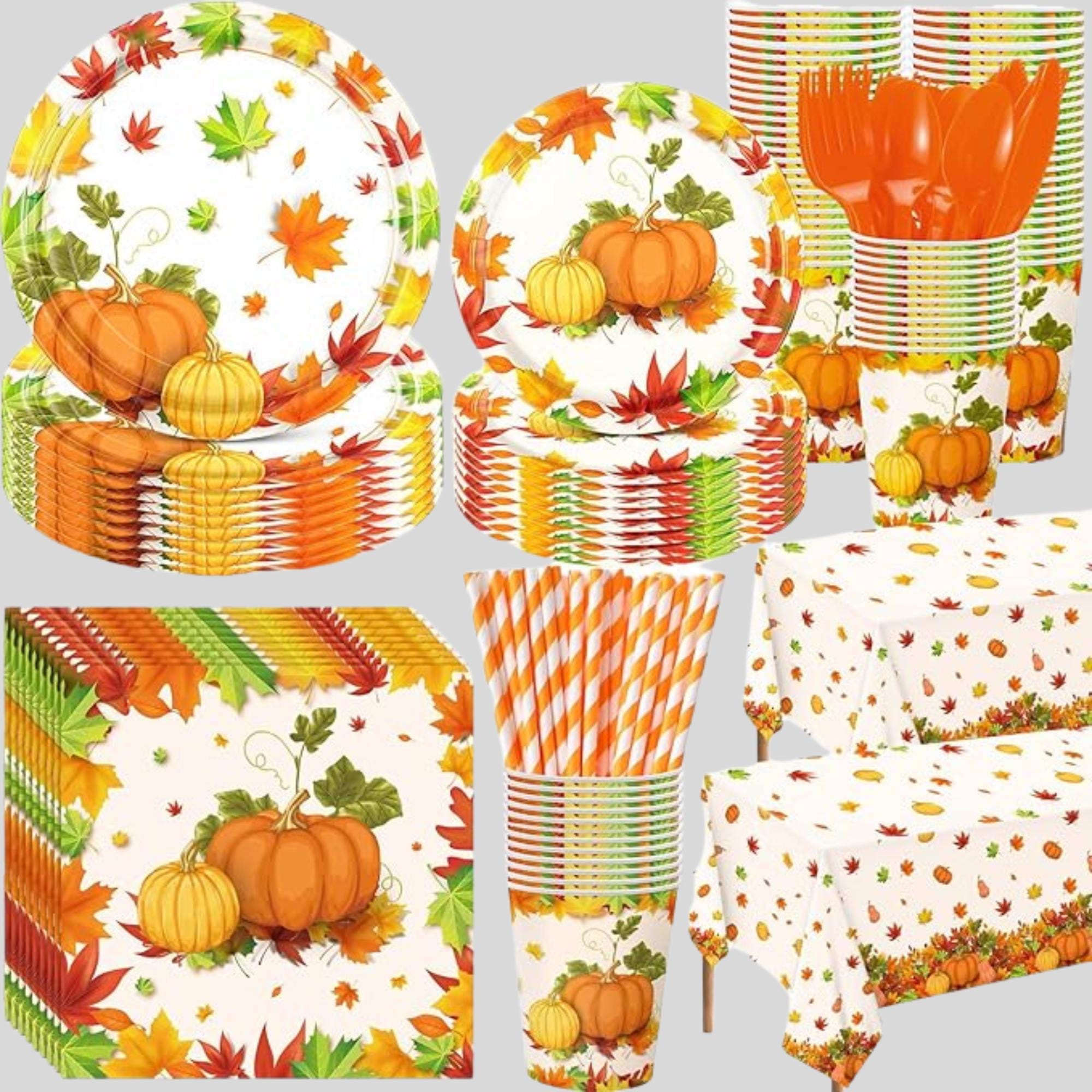 Fall Thanksgiving Party Supplies 452 Pcs Pumpkin Plates Napkins Cups Cutlery for 50