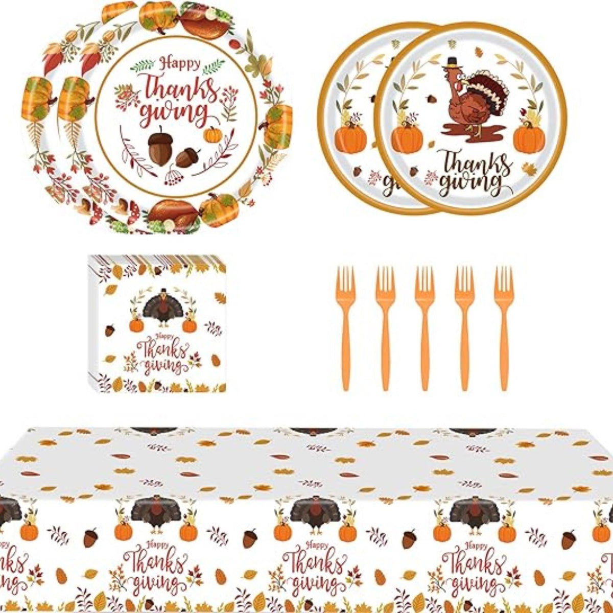 Happy Thanksgiving Tableware: 65 Pcs Turkey Pumpkin Dinnerware - Serves 16