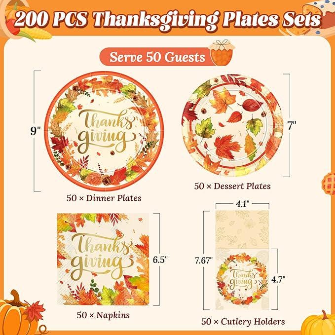 Thanksgiving Dinnerware Set 200 Pcs Disposable Plates Napkins and Cutlery for 50 Guests