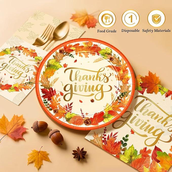 Thanksgiving Dinnerware Set 200 Pcs Disposable Plates Napkins and Cutlery for 50 Guests