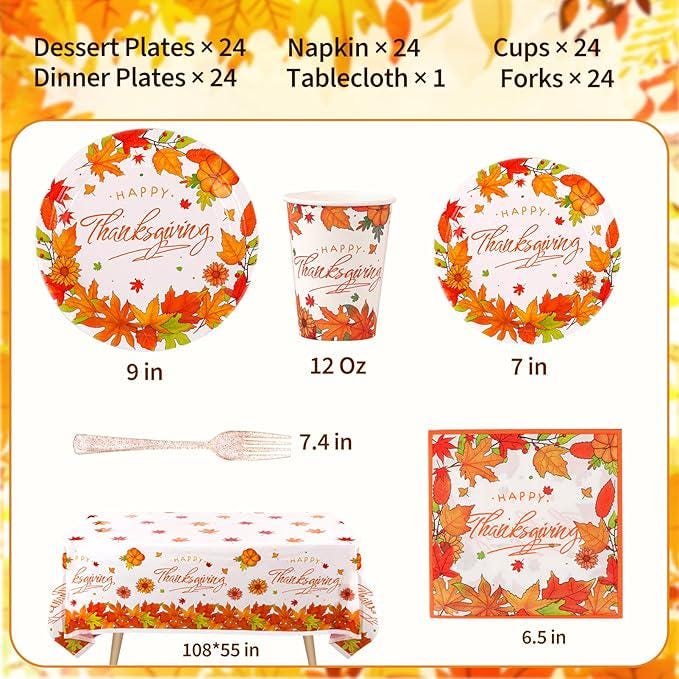 Thanksgiving Party Supplies Set Disposable Plates Cups Napkins and Cutlery for 24 Guests