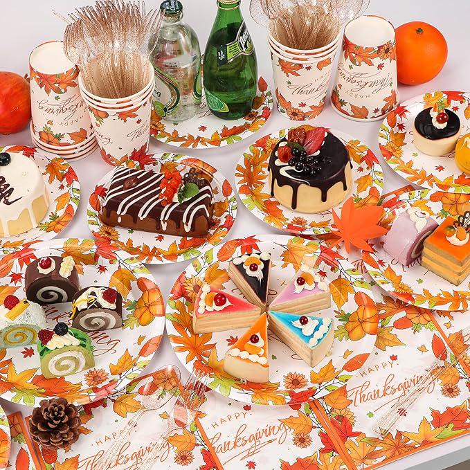 Thanksgiving Party Supplies Set Disposable Plates Cups Napkins and Cutlery for 24 Guests