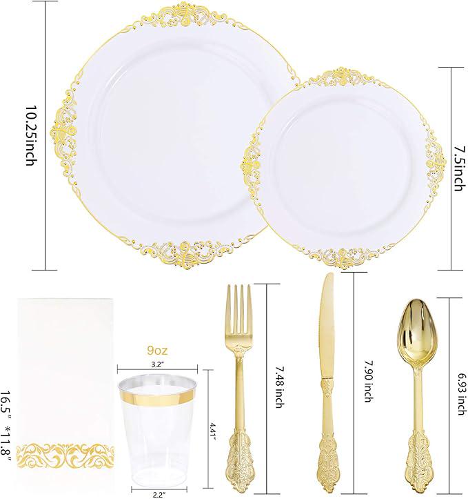 White & Gold Plastic Dinnerware Set (175 Pcs)