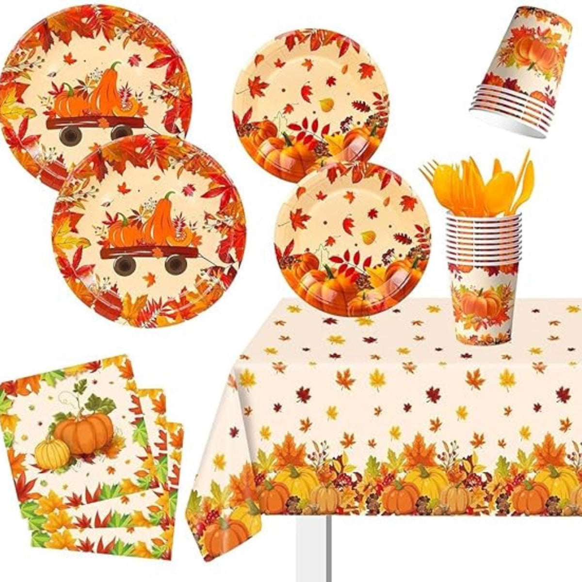 Thanksgiving Party Supplies Set 113 Pcs Plates Napkins Cups and Tablecloth for 16 Guests