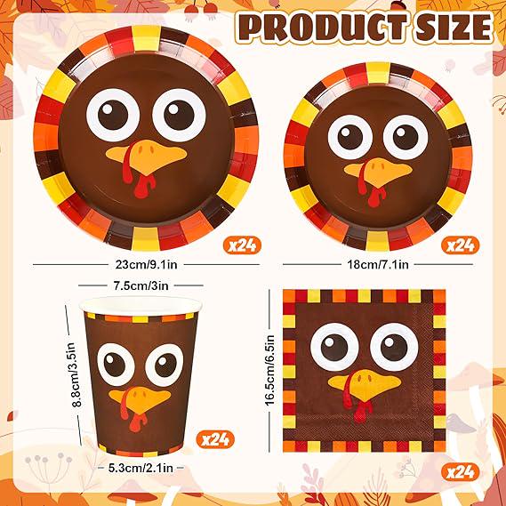 Thanksgiving Turkey Tableware Set 96 Pcs Disposable Plates Napkins and Cups for 24 Guests