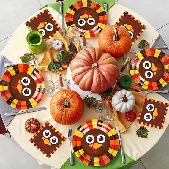 Thanksgiving Turkey Tableware Set 96 Pcs Disposable Plates Napkins and Cups for 24 Guests