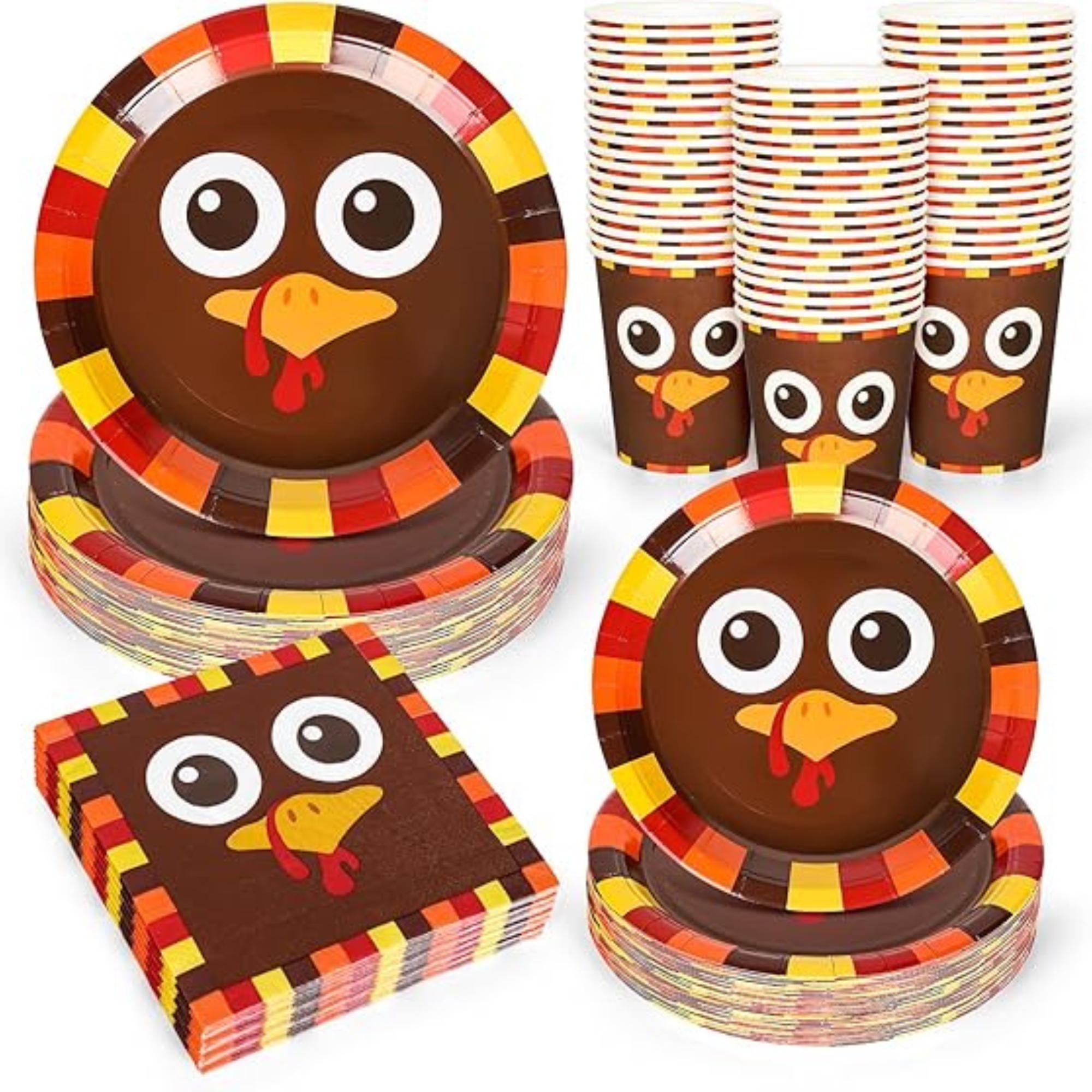 Thanksgiving Turkey Tableware Set 96 Pcs Disposable Plates Napkins and Cups for 24 Guests