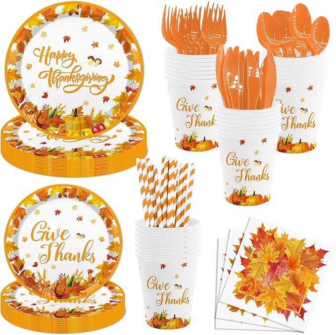 Happy Thanksgiving Party Supplies 192 Pcs Plates Napkins and Tableware for Fall Dinner Party