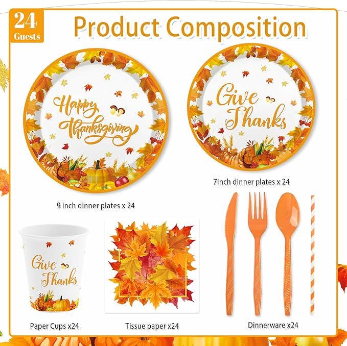 Happy Thanksgiving Party Supplies 192 Pcs Plates Napkins and Tableware for Fall Dinner Party
