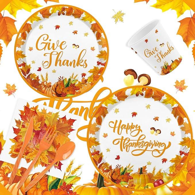 Happy Thanksgiving Party Supplies 192 Pcs Plates Napkins and Tableware for Fall Dinner Party