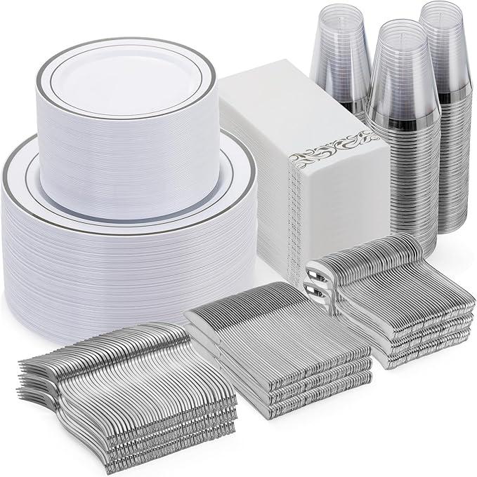 Silver Disposable Dinnerware Set 700 Pcs Plates Cups Napkins and Cutlery for 100 Guests