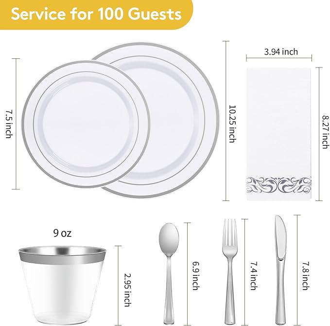 Silver Disposable Dinnerware Set 700 Pcs Plates Cups Napkins and Cutlery for 100 Guests