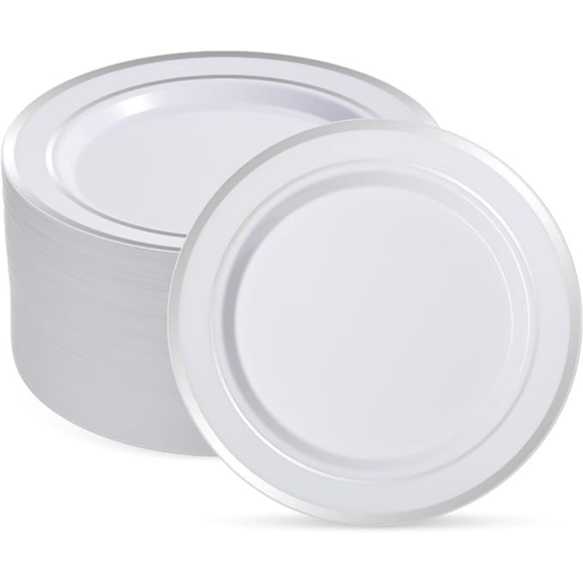 Silver Rim Plastic Plates: 10-inch Disposable Dinnerware, 100 Pcs