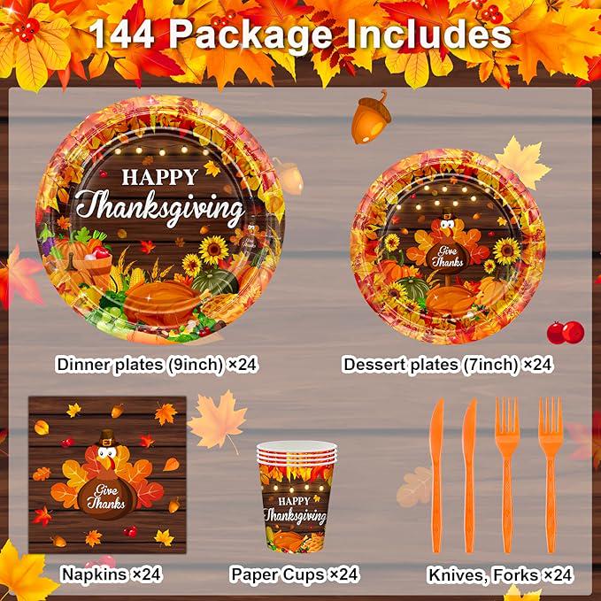 Thanksgiving Paper Plates and Napkins Set 144 Pcs Disposable Tableware for 24 Guests