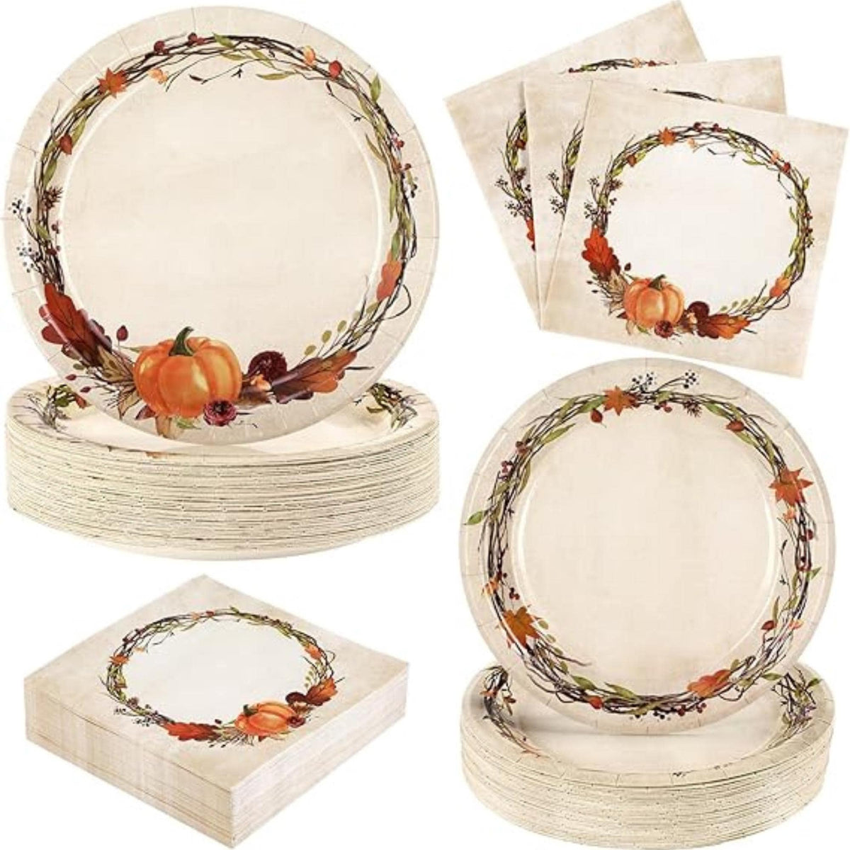 Fall Plates and Napkins Set 200 Pcs Disposable Watercolor Wreath Tableware for 50 Guests