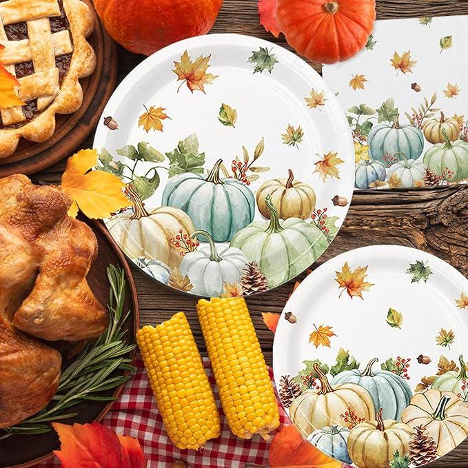 Watercolor Pumpkin Party Set: Disposable Autumn Tableware, 24 Guests
