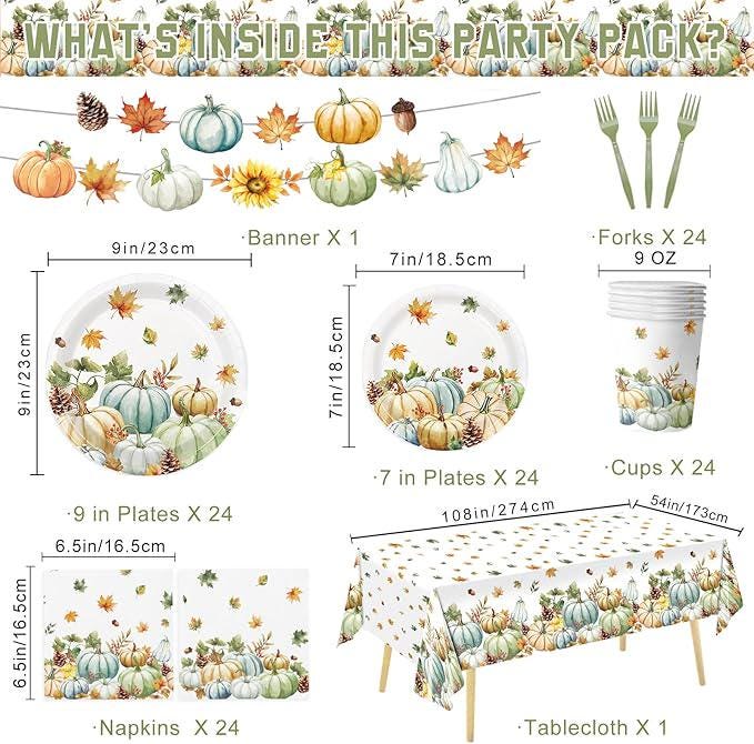Watercolor Pumpkin Party Set: Disposable Autumn Tableware, 24 Guests