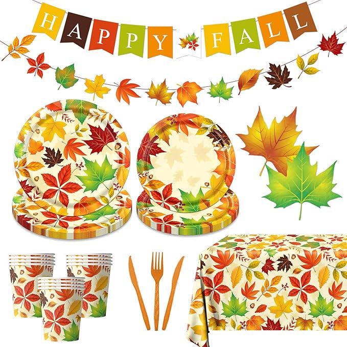 Fall Decorations Tableware Set 142 Pcs Autumn Leaves Plates and Napkins for Thanksgiving Party