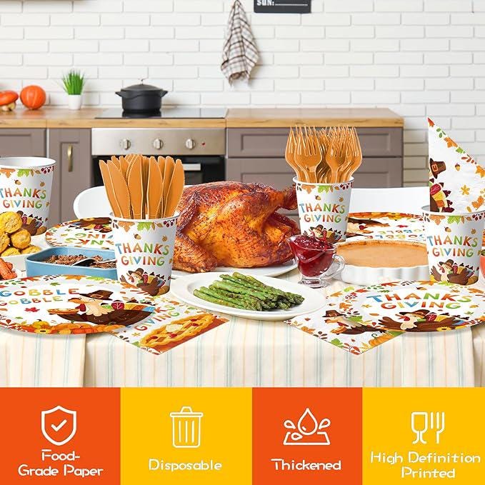 Thanksgiving Turkey Party Tableware Set: 24 Disposable Plates, Napkins, Cups, Cutlery
