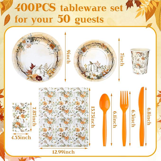 Fall Pumpkin Party Dinnerware Set: 50 Guests Disposable Tableware