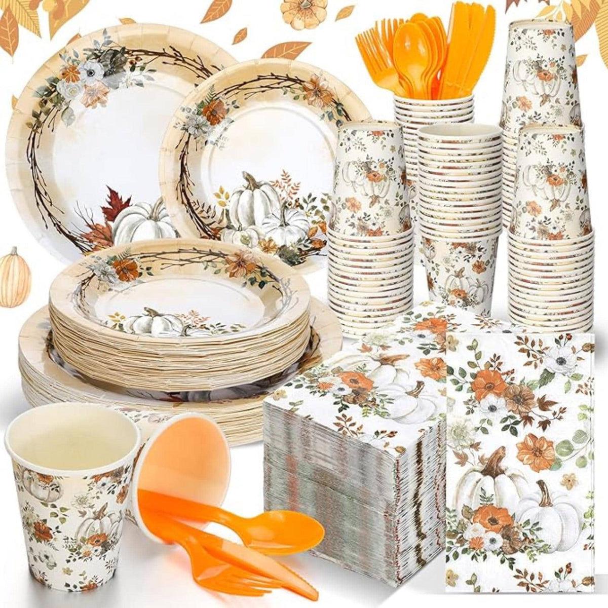 Fall Pumpkin Party Dinnerware Set: 50 Guests Disposable Tableware