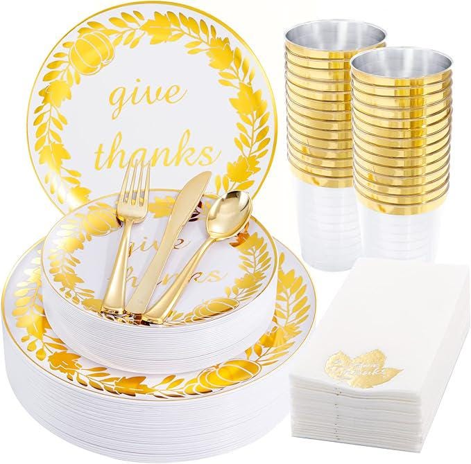175PCS Thanksgiving Disposable Plates Set with Cups, Napkins & Cutlery for Fall Party