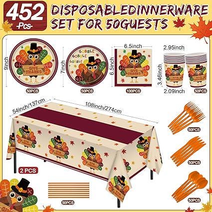 452PCS Turkey Thanksgiving Party Set for 50 Guests with Plates, Cups, Napkins & Cutlery