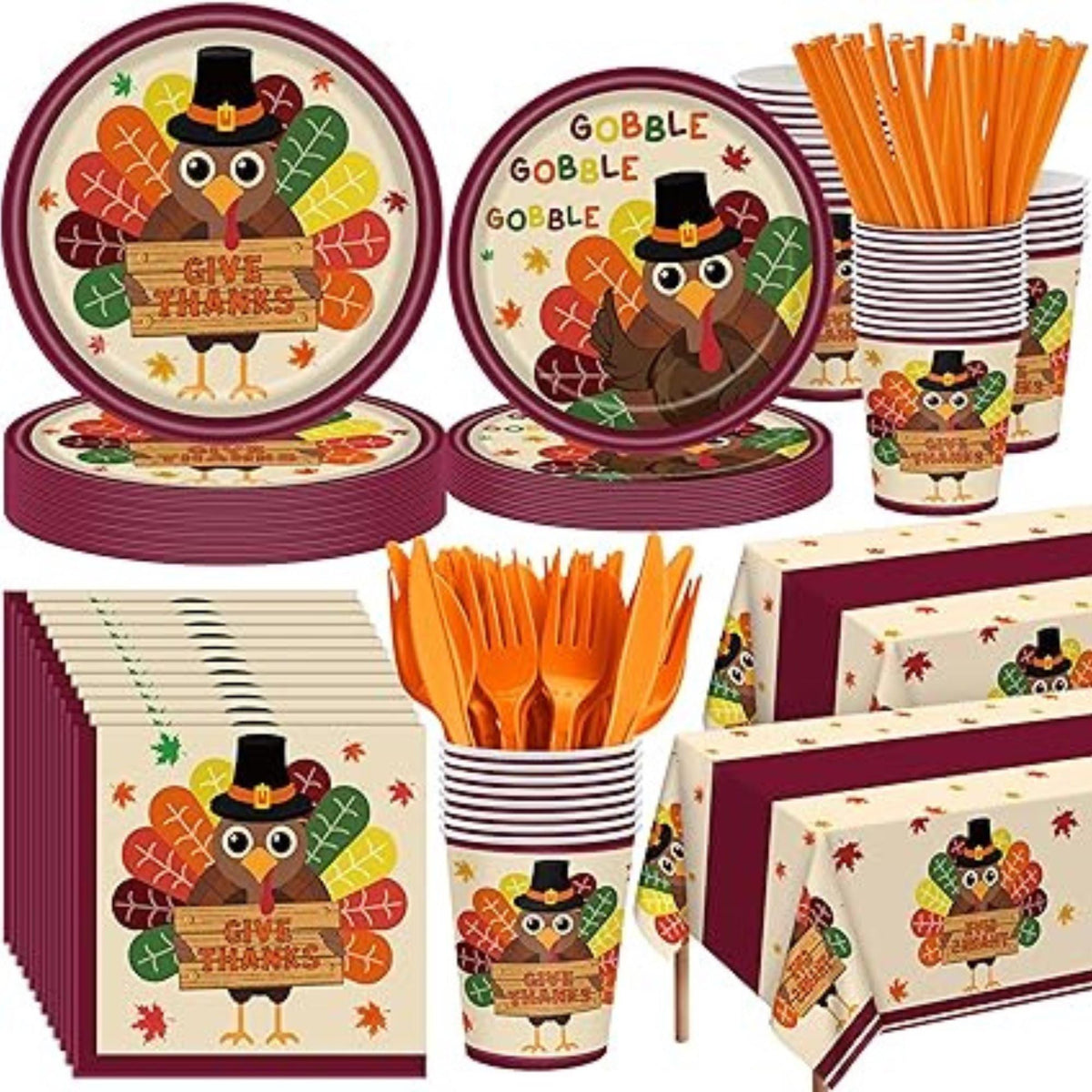 452PCS Turkey Thanksgiving Party Set for 50 Guests with Plates, Cups, Napkins & Cutlery