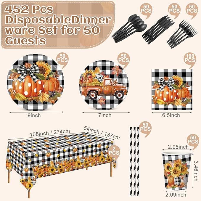 452PCS Fall Thanksgiving Party Set with Buffalo Plaid Plates, Napkins, Cups & Cutlery