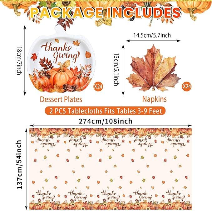 Thanksgiving Party Set for 24 Guests with Pumpkin Plates, Maple Leaf Napkins & Tablecloth
