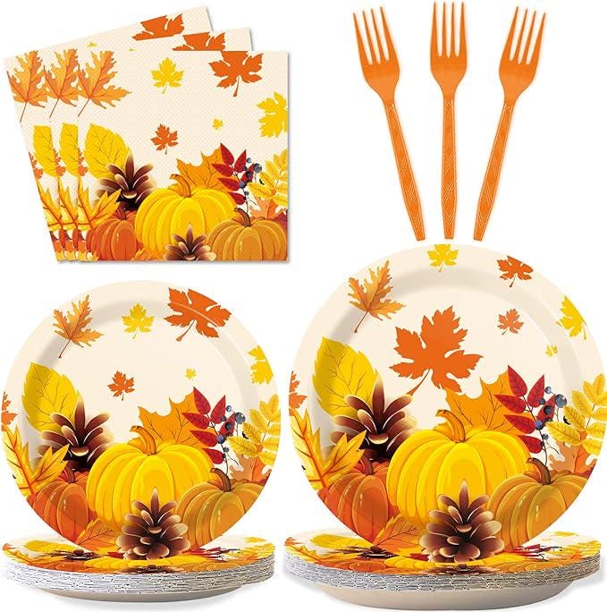 96PCS Fall Thanksgiving Party Set with Pumpkin Plates, Maple Napkins & Tableware for 24