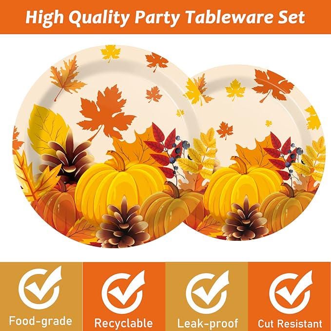 96PCS Fall Thanksgiving Party Set with Pumpkin Plates, Maple Napkins & Tableware for 24