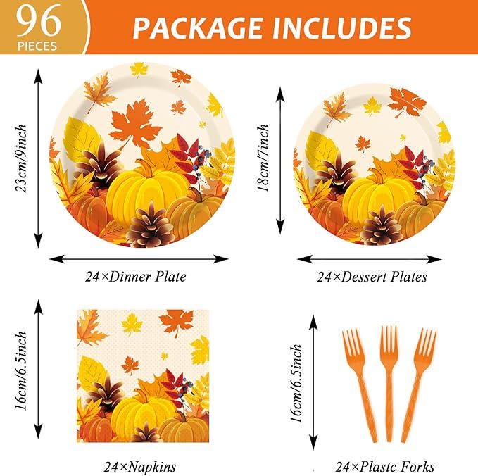 96PCS Fall Thanksgiving Party Set with Pumpkin Plates, Maple Napkins & Tableware for 24