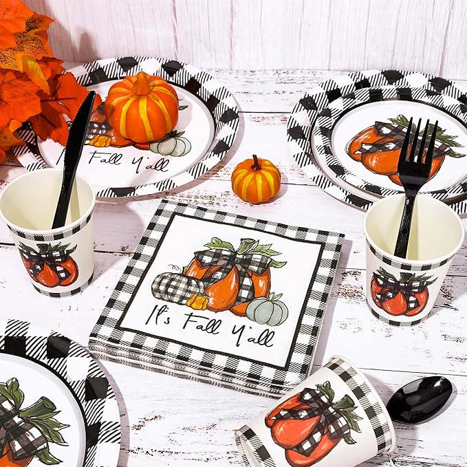 Buffalo Plaid Pumpkin Fall Party Set: Tableware for 24 Guests