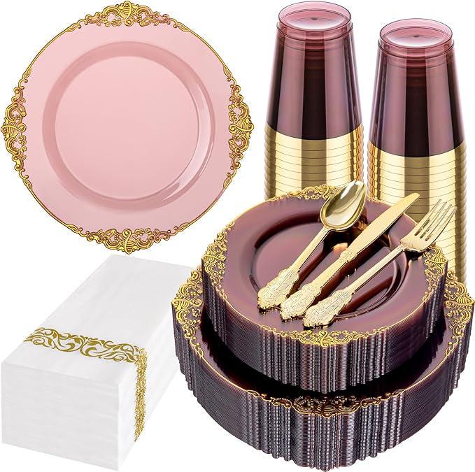 175PCS Burgundy and Gold Disposable Plates Set with Cups, Napkins & Cutlery for 25 Guests