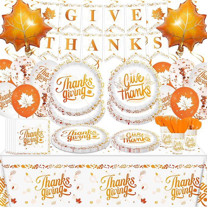 202PCS Thanksgiving Disposable Party Set with Plates, Napkins, Cups & Fall Decorations for 24 Guests