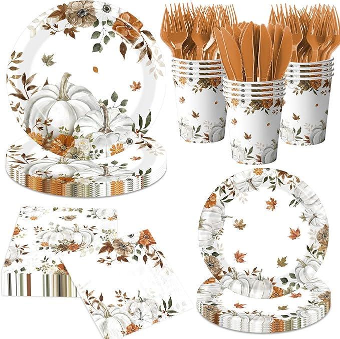 24PCS Fall Paper Plates and Napkins Set with Little Pumpkin Design for Autumn Parties