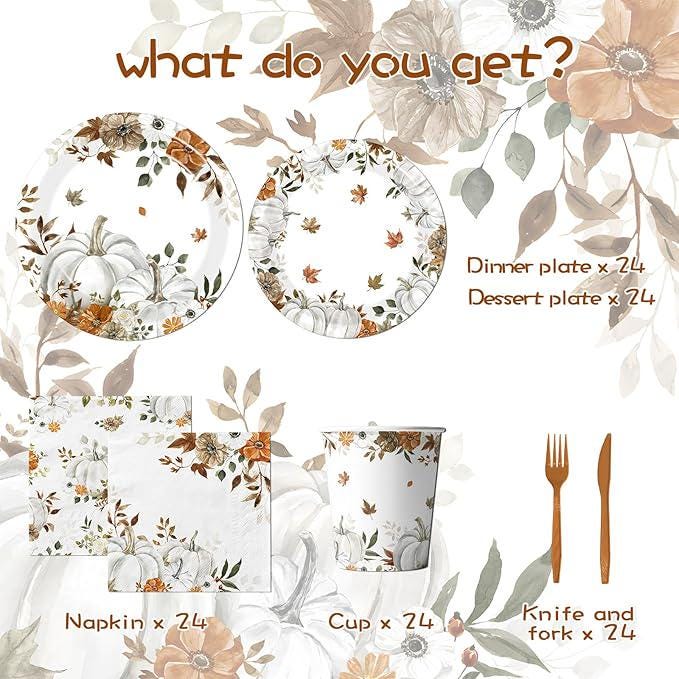 24PCS Fall Paper Plates and Napkins Set with Little Pumpkin Design for Autumn Parties