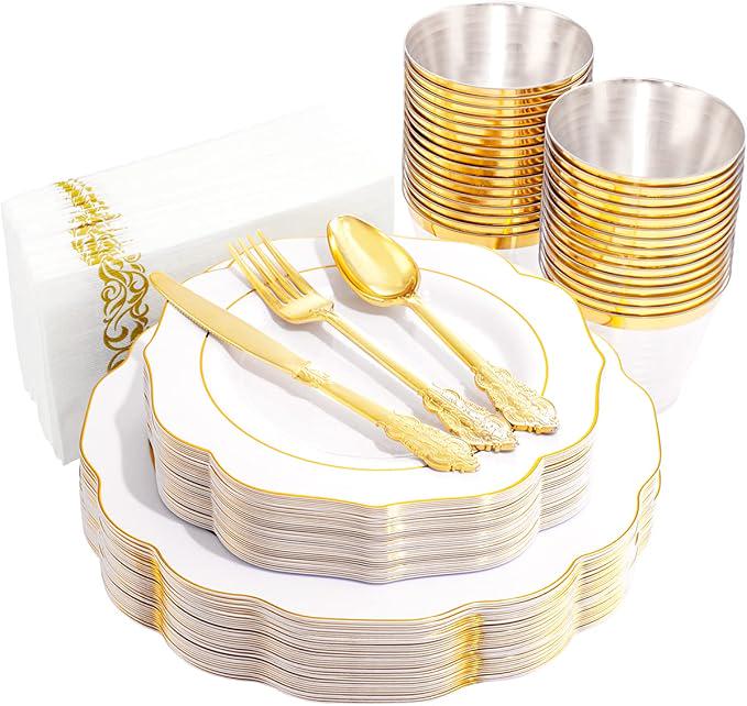 175PCS Gold Disposable Plates Set with Cutlery, Cups & Napkins for Fall Party and Thanksgiving
