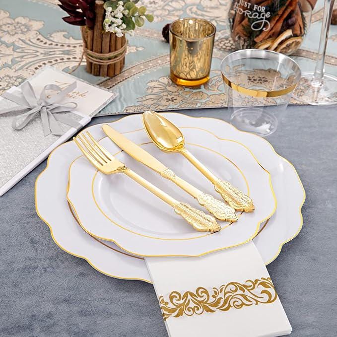 175PCS Gold Disposable Plates Set with Cutlery, Cups & Napkins for Fall Party and Thanksgiving