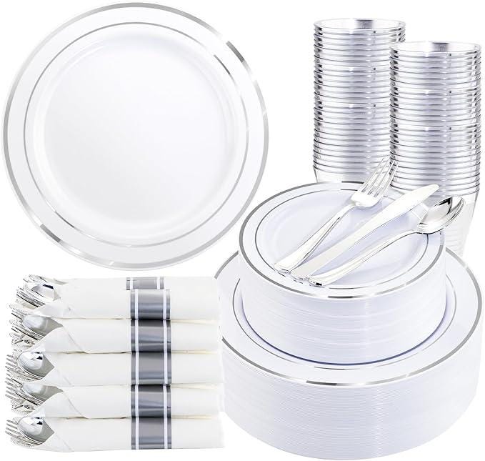 350PCS Silver Disposable Dinnerware Set for 50 Guests with Plates, Napkins & Cutlery